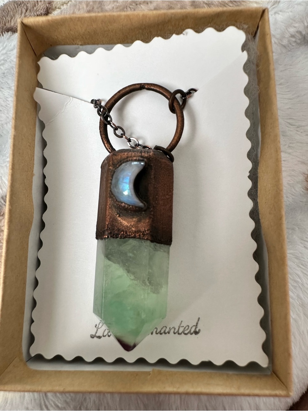Enchanted by Cara Fluorite  Pendant with Crescent Moonstone Necklace 24” new